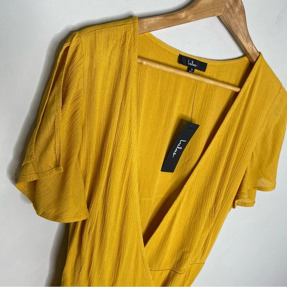 ✨NWT Lulus Mustard Yellow Harbor Point Mini Wrap Dress Size Medium - Picture 4 of 11